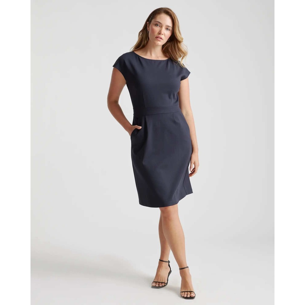 Quince Navy Ponte Knit Cap Sleeve Dress Large NWT Work Date Night Pockets